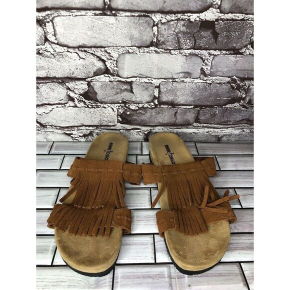 MINNETONKA Daisy Brown Fringe Suede Leather Slides Sandals Women Sz 10M US/41EU - Picture 9 of 16